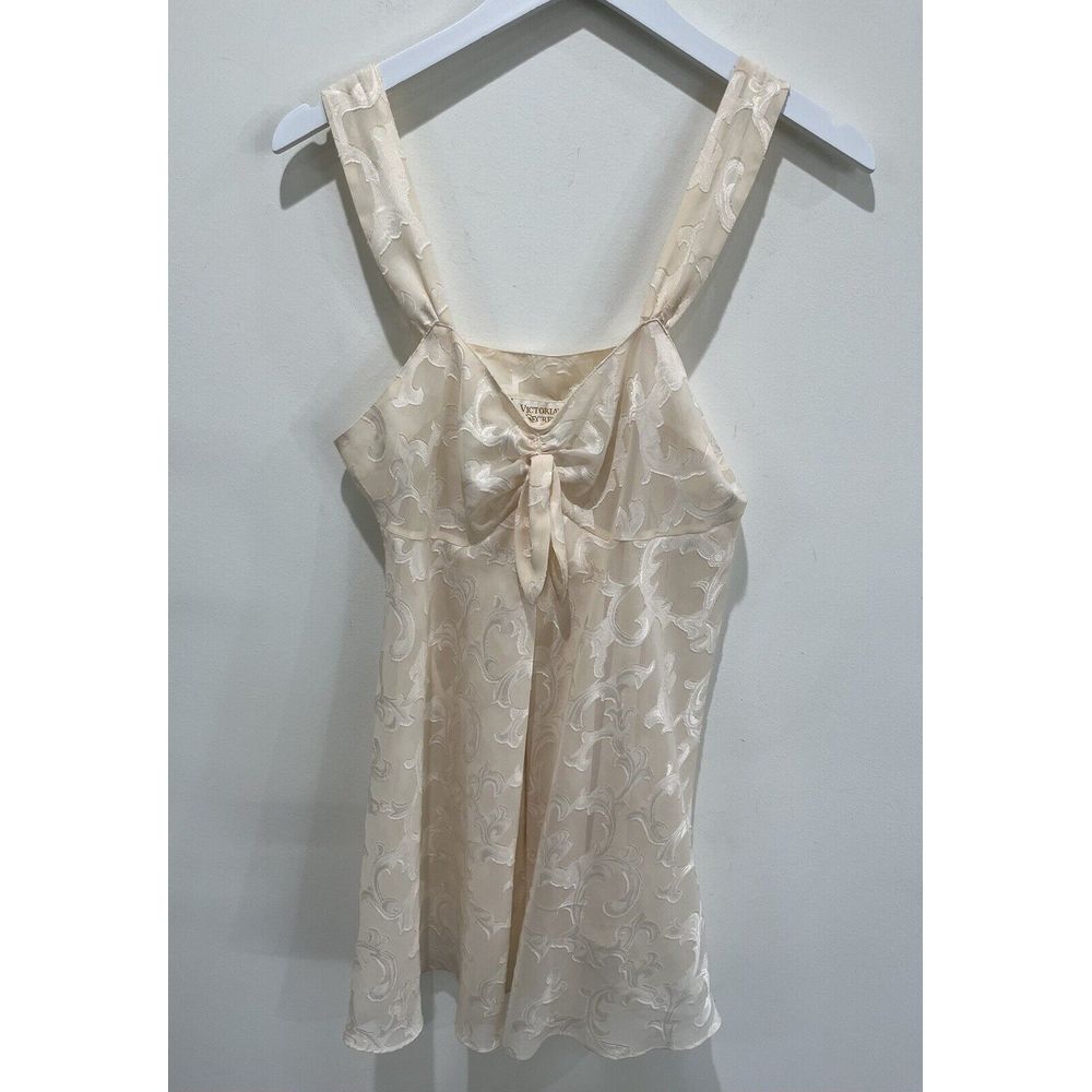 Vtg Victorias Secret Gold Label S Mini Nightgown Babydoll Cream Satin Floral Y2K
